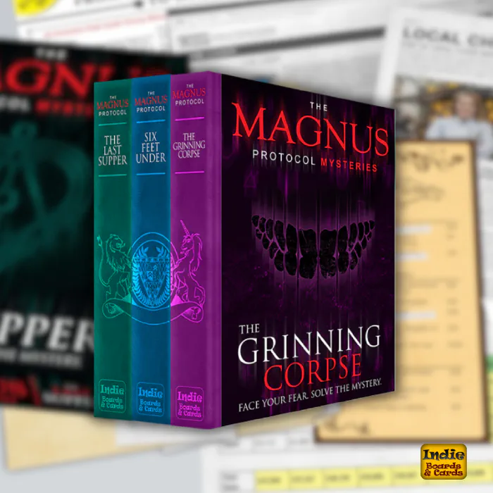 A mock-up of The Magnus Protocol Mysteries board game box.