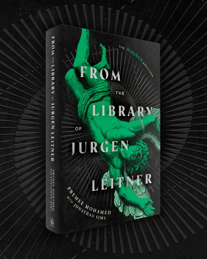 A 3D mock-up of a book named "From the library of Jurgen Leitner" by Premee Mohamed with Jonathan Sims. The cover features a green coloured illustration of a man with wings strapped to his arms. He is upside down on the book cover, as if he is falling. 