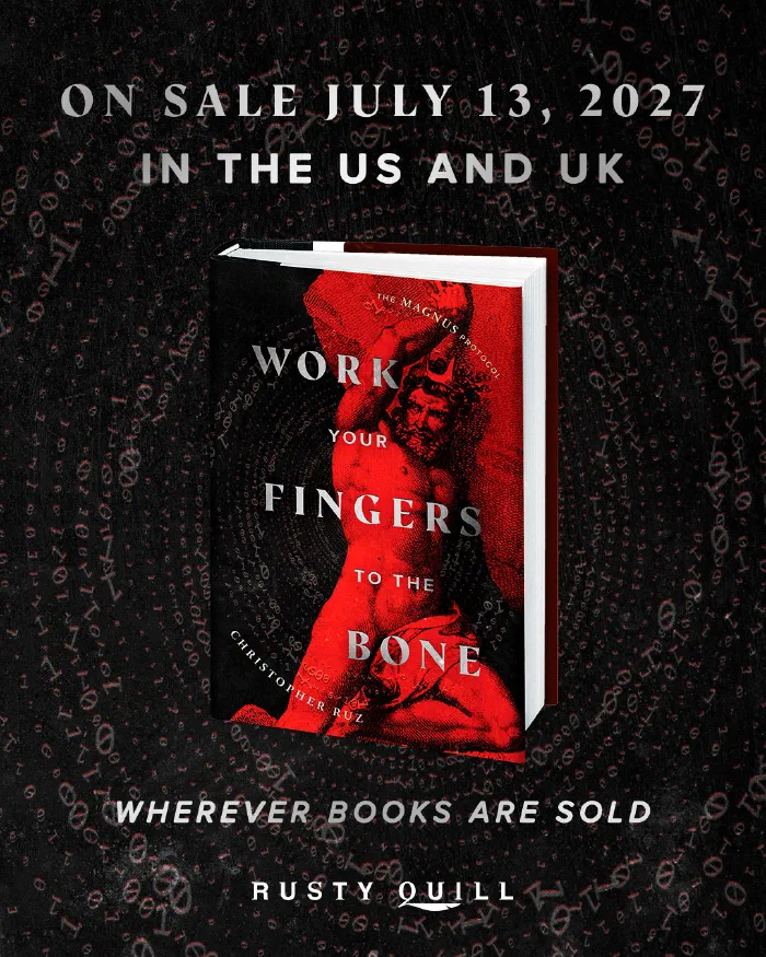 A 3D mock-up of a book named "Work your fingers to the bone" by Christopher Ruz. The cover features a red coloured illustration of a man holding up a large slab of stone representing Sisyphus. 