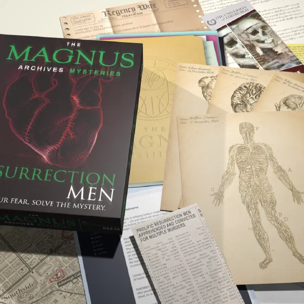 The Magnus Archives Mysteries 'Resurrection Men' box surrounded by case-file evidence: telegrams, anatomical drawings and pages from witness statements.