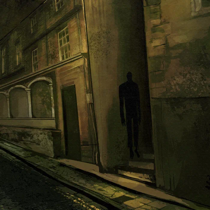An illustration of a street at night time. A dark, faceless silhouette stands in a Victorian-era cobblestone alleyway.