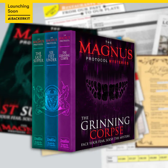 A mock-up of The Magnus Protocol Mysteries board game box.