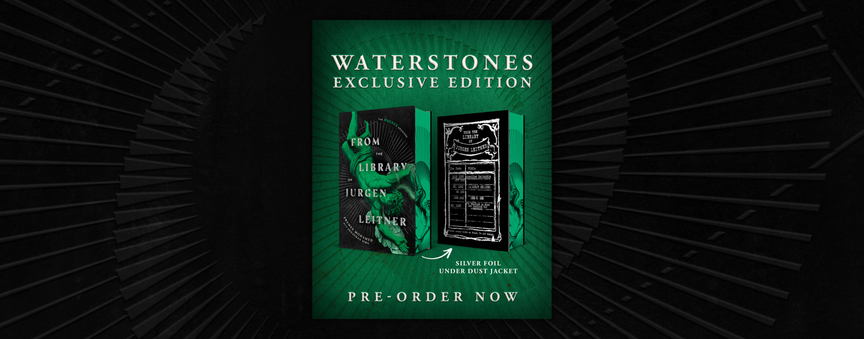 Waterstones Exclusive Edition: Two side-by-side mock-ups of hardback back books. The book on the left showcases sprayed edges. The book on the right showcases the silver foiled design.