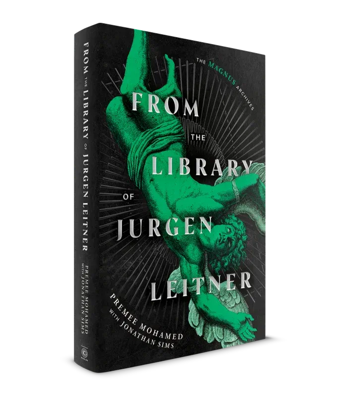 A 3D mock-up of the book 'From the Library of Jurgen Leitner', by Premee Mohamed with Jonathan Sims. The cover features a green-toned figure of Icarus falling, surrounded by a sun-rays motif.