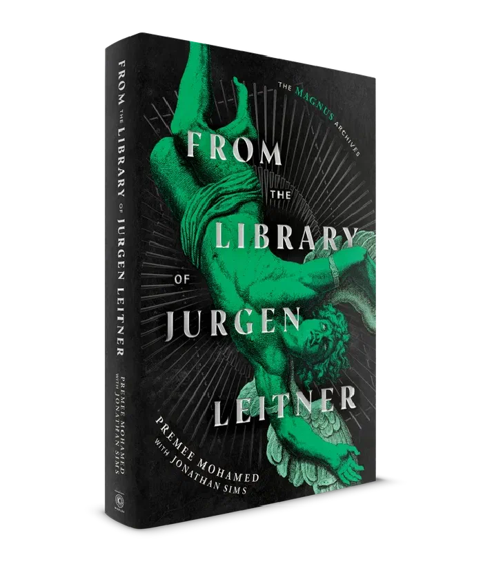 A 3D mock-up of the book 'From the Library of Jurgen Leitner', by Premee Mohamed with Jonathan Sims. The cover features a green-toned figure of Icarus falling, surrounded by a sun-rays motif.