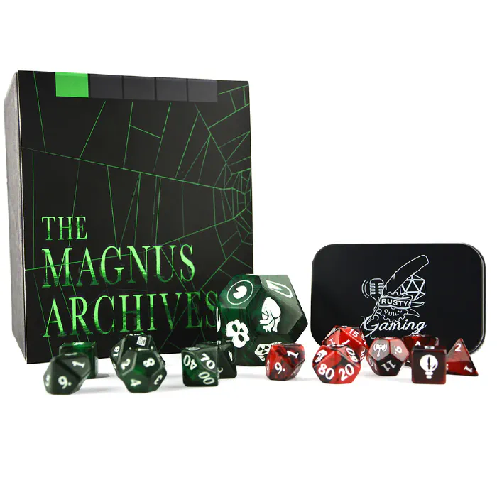 The Rusty Quill Gaming and The Magnus Archives dice sets