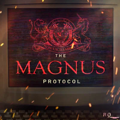 Podcast artwork for The Magnus Protocol — an old CRT computer screen showing the OIAR crest, with sparks scattered in front.